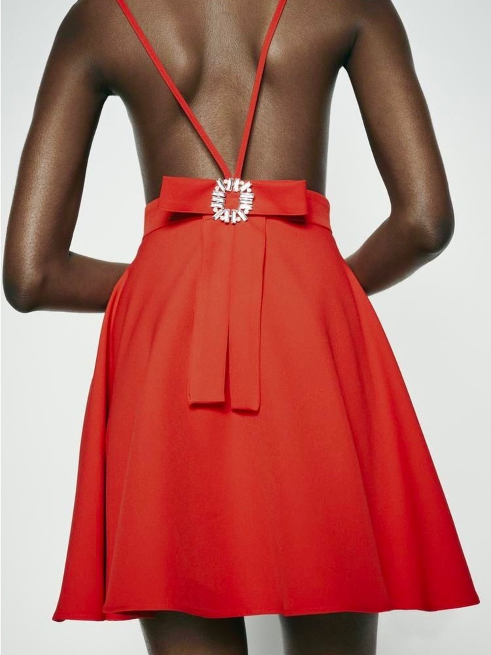 Zara Red Backless camisole Bow Mini Dress with Gem Buckle